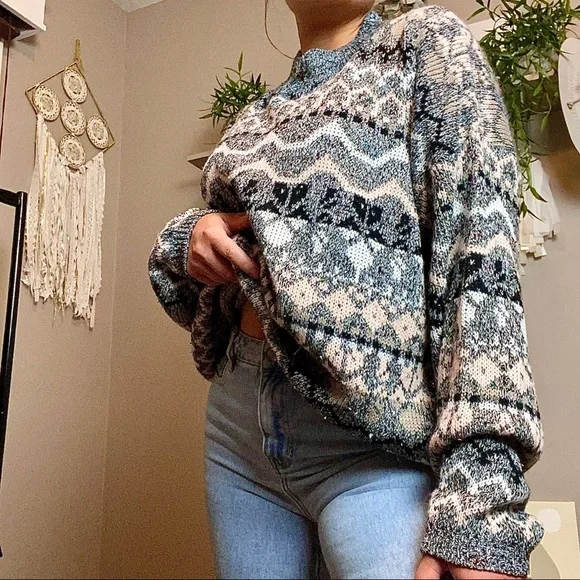 Vintage 80s Slouchy Fair Isle Funky Pattern Crochet Club Sweater - Picture 2 of 8
